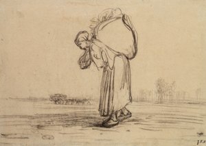 Sırtında çuval taşıyan kadın (kağıt üzerinde siyah pastel boya) by Jean Francois Millet